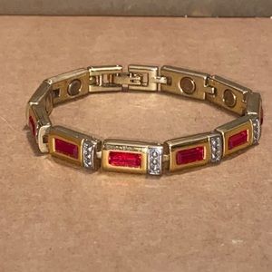 Vintage Gold Tone Ruby Red Color Stone Tennis Bracelet 6.5”